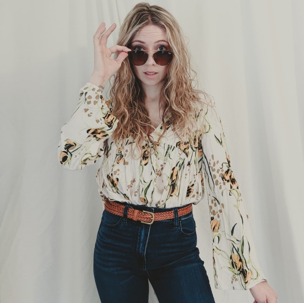 Free People Floral Bell Sleeve Tunic Top Blouse